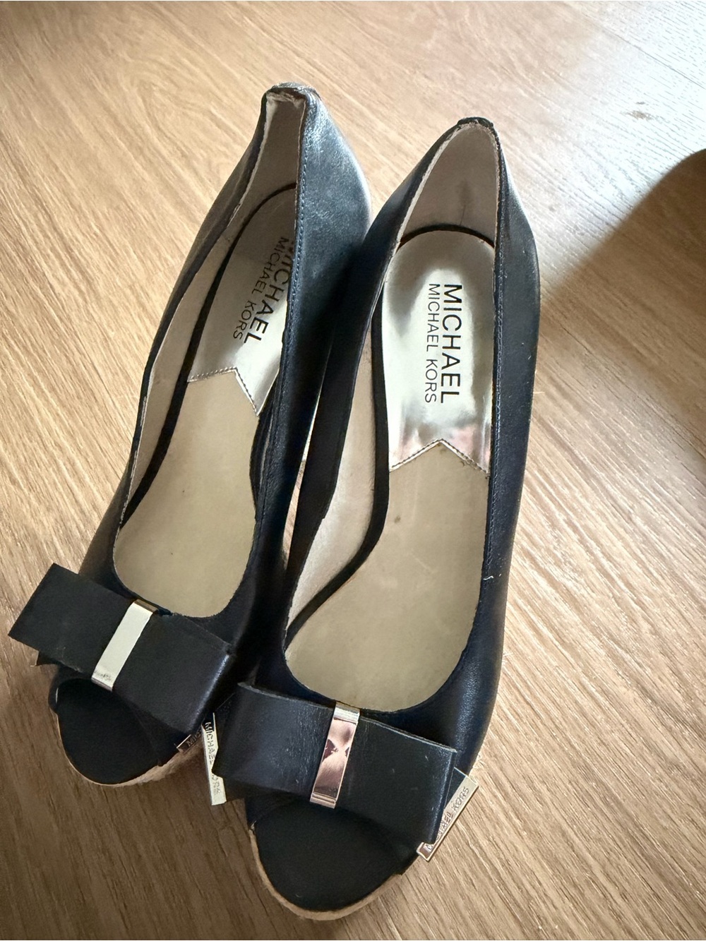 Michael Kors Black Leather Peep Toe Espadrille Wedge Heels Bow Pumps
